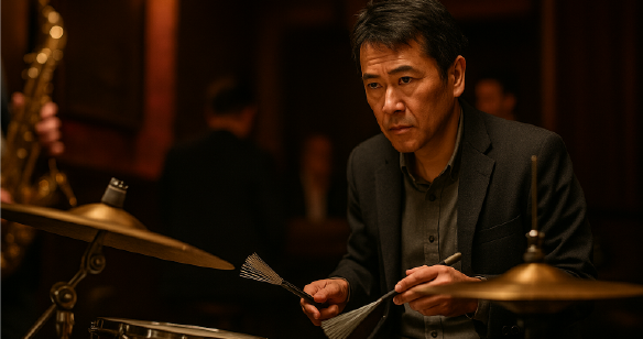 ライブハウスでスネアをブラシで叩きながら他の演奏者を見つめる50代男性ドラマー