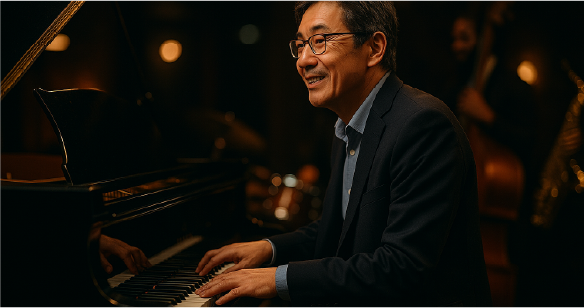 ライブハウスで中年男性がグランドピアノを演奏し、セッション仲間を見つめている様子